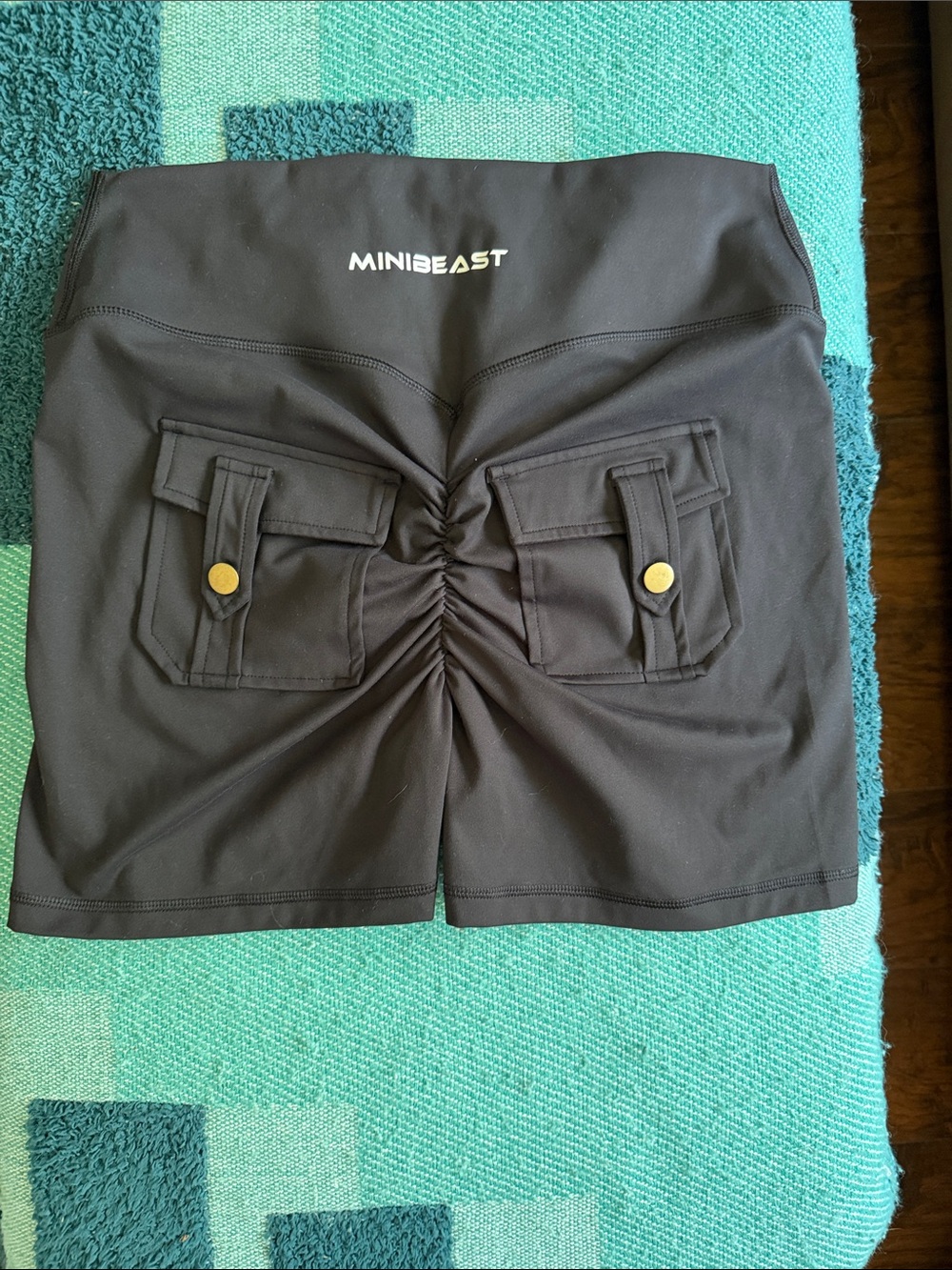 MINIBEAST Black High-Waist Scrunch Back Athletic Shorts with Flap Pockets